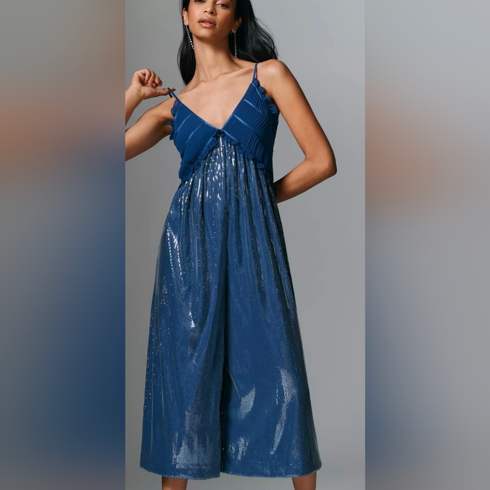 Anthropologie Blue Sequin Ruffle Jumpsuit